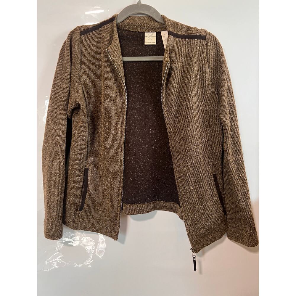 Emma James Petite Zip Jacket Liz Claiborne Brown Gold Tweed Knit Moto Size SP